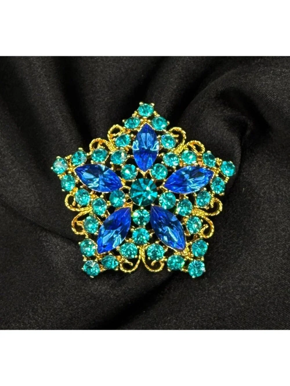 Vintage Eisenberg Ice Blue & Aqua Rhinestone Gold-Tone Starburst Brooch